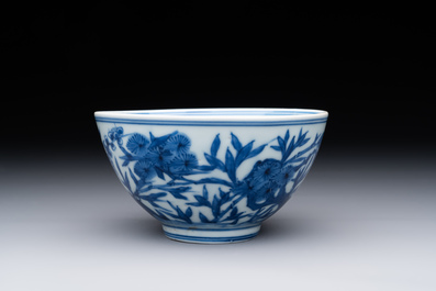 A Chinese blue and white 'Three Friends of Winter' bowl, Jiajing mark, Kangxi