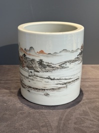 A Chinese grisaille and iron-red 'landscape' brush pot, Ju Ren Tang mark, Republic