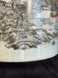 A Chinese grisaille and iron-red 'landscape' brush pot, Ju Ren Tang mark, Republic