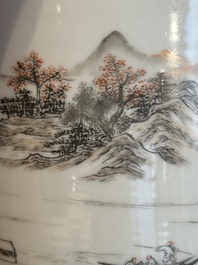 A Chinese grisaille and iron-red 'landscape' brush pot, Ju Ren Tang mark, Republic