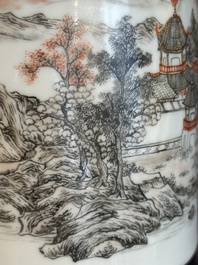 A Chinese grisaille and iron-red 'landscape' brush pot, Ju Ren Tang mark, Republic