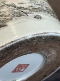 A Chinese grisaille and iron-red 'landscape' brush pot, Ju Ren Tang mark, Republic