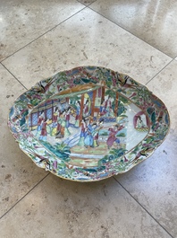 Two Chinese Canton famille rose dishes and a tazza with narrative design, 19th C.