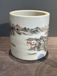 A Chinese grisaille and iron-red 'landscape' brush pot, Ju Ren Tang mark, Republic