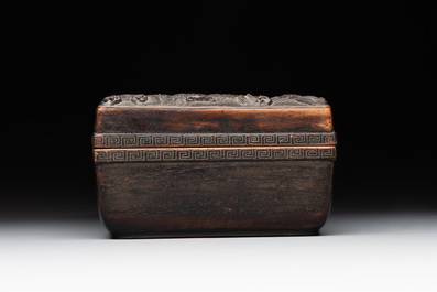 A Chinese rectangular silver-inlaid zitan 'dragon' box and cover, 17/18th C.
