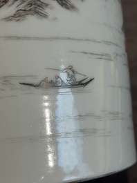 A Chinese grisaille and iron-red 'landscape' brush pot, Ju Ren Tang mark, Republic