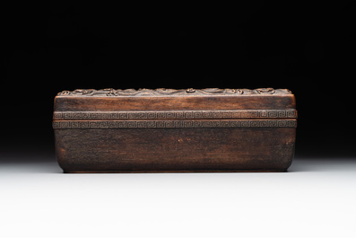 A Chinese rectangular silver-inlaid zitan 'dragon' box and cover, 17/18th C.