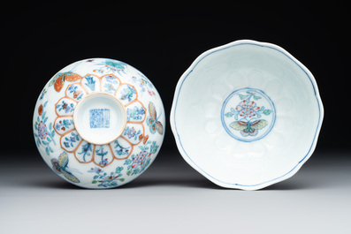 An exceptional Chinese gilt-decorated doucai and famille rose covered bowl with butterflies and floral design, Jiaqing mark and of the period