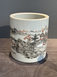 A Chinese grisaille and iron-red 'landscape' brush pot, Ju Ren Tang mark, Republic