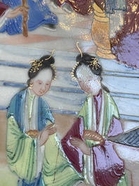 Two Chinese Canton famille rose dishes and a tazza with narrative design, 19th C.