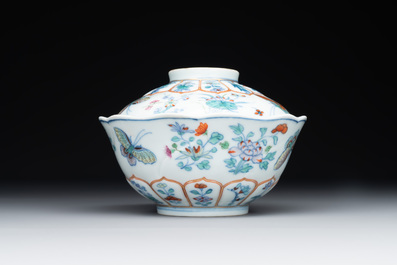 An exceptional Chinese gilt-decorated doucai and famille rose covered bowl with butterflies and floral design, Jiaqing mark and of the period