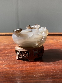 A Chinese agate 'chilong' brush washer and a water pot with Buddhist lions, 19th C.