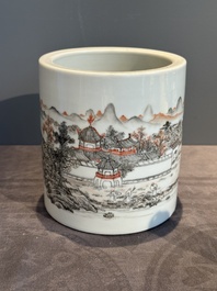 A Chinese grisaille and iron-red 'landscape' brush pot, Ju Ren Tang mark, Republic