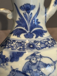 A Chinese silver-mounted blue and white 'Mongolian hunt' ewer, Transitional period