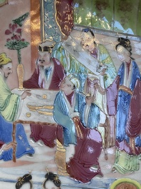 Two Chinese Canton famille rose dishes and a tazza with narrative design, 19th C.