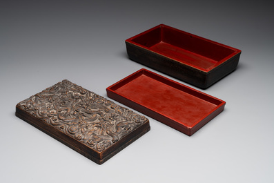 A Chinese rectangular silver-inlaid zitan 'dragon' box and cover, 17/18th C.