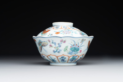 An exceptional Chinese gilt-decorated doucai and famille rose covered bowl with butterflies and floral design, Jiaqing mark and of the period