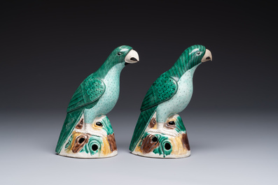 A pair of Chinese sancai-glazed parrots, Kangxi