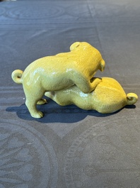A Japanese monochrome yellow-glazed 'two playing dogs' group, 19th C.