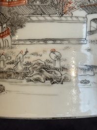 A Chinese grisaille and iron-red 'landscape' brush pot, Ju Ren Tang mark, Republic