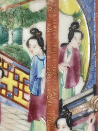 Two Chinese Canton famille rose dishes and a tazza with narrative design, 19th C.