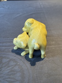 A Japanese monochrome yellow-glazed 'two playing dogs' group, 19th C.