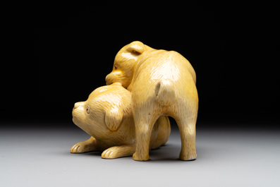 A Japanese monochrome yellow-glazed 'two playing dogs' group, 19th C.