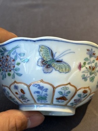 An exceptional Chinese gilt-decorated doucai and famille rose covered bowl with butterflies and floral design, Jiaqing mark and of the period