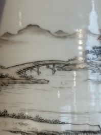 A Chinese grisaille and iron-red 'landscape' brush pot, Ju Ren Tang mark, Republic