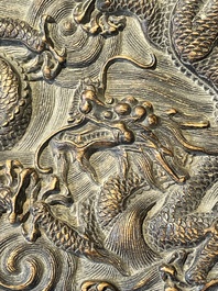 A Chinese rectangular silver-inlaid zitan 'dragon' box and cover, 17/18th C.