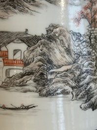 A Chinese grisaille and iron-red 'landscape' brush pot, Ju Ren Tang mark, Republic