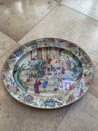 Two Chinese Canton famille rose dishes and a tazza with narrative design, 19th C.
