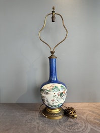 A Chinese famille verte powder blue-ground vase mounted as lamp, 19th C.