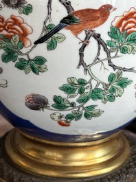 A Chinese famille verte powder blue-ground vase mounted as lamp, 19th C.