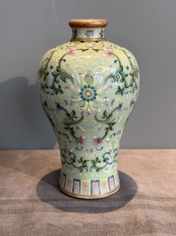 A Chinese celadon-ground famille rose 'meiping' 'flower scroll' vase, Qianlong mark and of the period