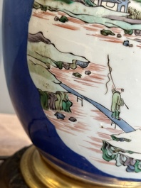 A Chinese famille verte powder blue-ground vase mounted as lamp, 19th C.