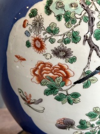 A Chinese famille verte powder blue-ground vase mounted as lamp, 19th C.