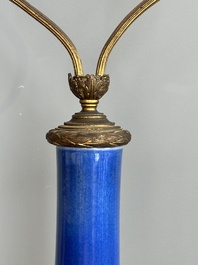 A Chinese famille verte powder blue-ground vase mounted as lamp, 19th C.
