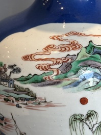 A Chinese famille verte powder blue-ground vase mounted as lamp, 19th C.