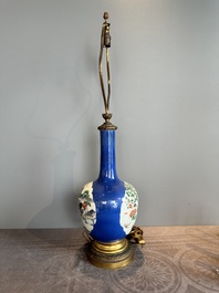 A Chinese famille verte powder blue-ground vase mounted as lamp, 19th C.