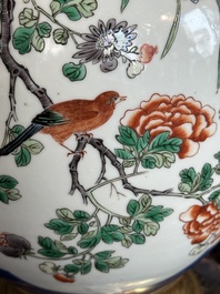 A Chinese famille verte powder blue-ground vase mounted as lamp, 19th C.