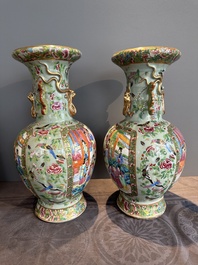 A pair of Chinese Canton famille rose celadon-ground 'court scene' vases, 19th C.