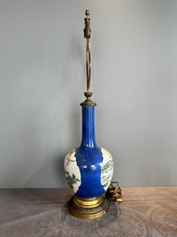 A Chinese famille verte powder blue-ground vase mounted as lamp, 19th C.
