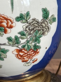 A Chinese famille verte powder blue-ground vase mounted as lamp, 19th C.