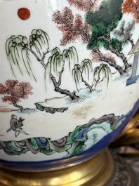 A Chinese famille verte powder blue-ground vase mounted as lamp, 19th C.