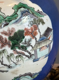 A Chinese famille verte powder blue-ground vase mounted as lamp, 19th C.