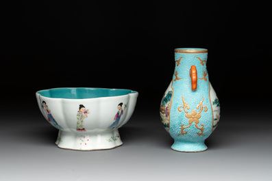 A Chinese famille rose turquoise-ground 'hu' vase and a 'ladies' bowl, Qianlong mark, Republic