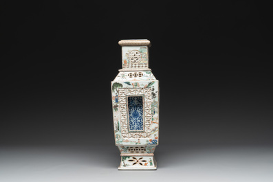 An extremely rare Chinese blue, white and famille verte openworked double-walled vase with figural design, 19th C.