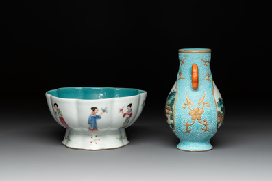 A Chinese famille rose turquoise-ground 'hu' vase and a 'ladies' bowl, Qianlong mark, Republic