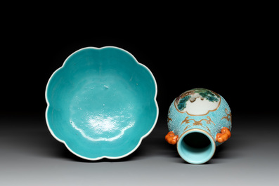 A Chinese famille rose turquoise-ground 'hu' vase and a 'ladies' bowl, Qianlong mark, Republic